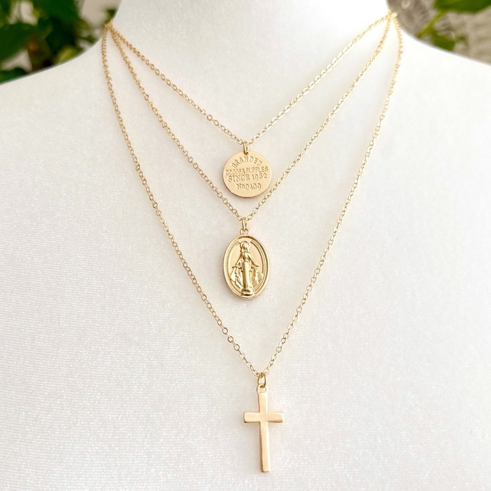 Triple Layered Gold Tone Cross Virgin Mary Cross Necklace 16”in + 3”in Extender